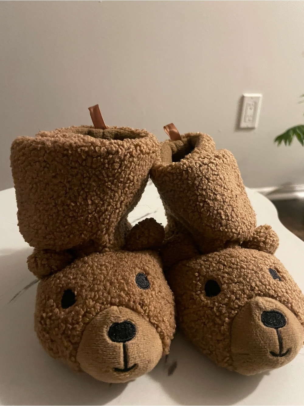 Plush Teddy Baby Booties with Ribbon Accent - Brown
